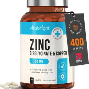 Zinc Supplements with Copper | 50mg Daily | 400 Zinc Tablets | 6+ Months | Zn Bisglycinate for Men & Women | High Absorption, High Strength Zink and Copper Supplement | Made in UK | VitaBright