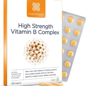 Healthspan High Strength Vitamin B Complex (120 Tablets) | High Levels of All 8 B-Complex Vitamins | Supports Brain & Heart Health | Immune Health | Reduces Tiredness & Fatigue | with Choline | Vegan